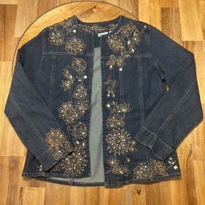Chico's Dark Blue Jean Jacket with Gold Embroidery and Gems